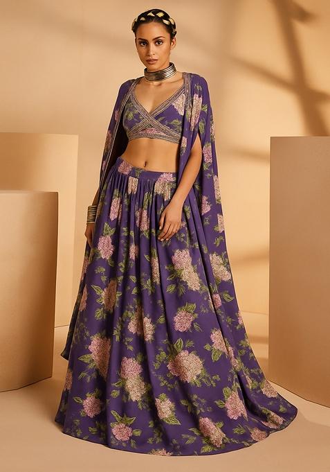 Purple Printed Satin Georgette Lehenga Set — view on Indya