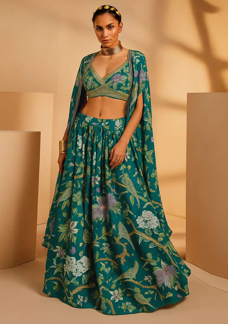 Forest Green Printed Satin Georgette Lehenga Set - Indya