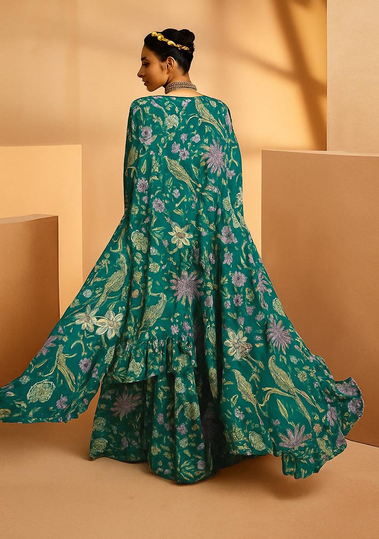 Forest Green Printed Satin Georgette Lehenga Set - Indya