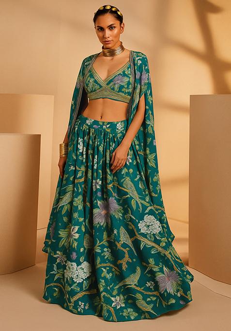 Forest Green Printed Satin Georgette Lehenga Set