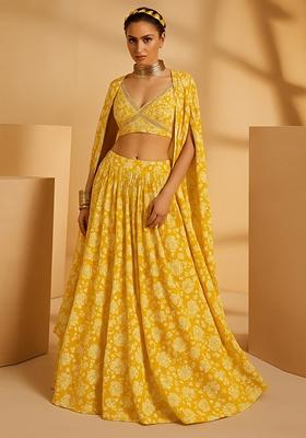 Yellow Printed Satin Georgette Lehenga Set