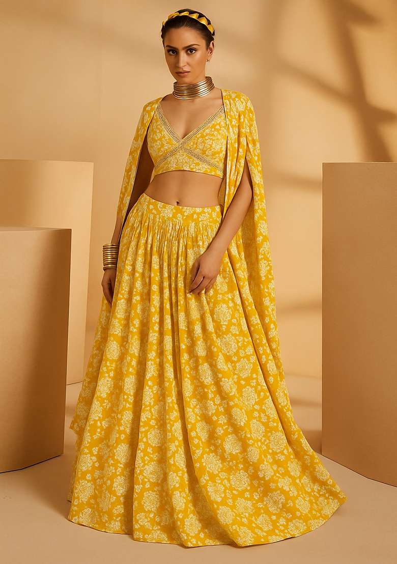 Yellow Printed Satin Georgette Lehenga Set - Indya