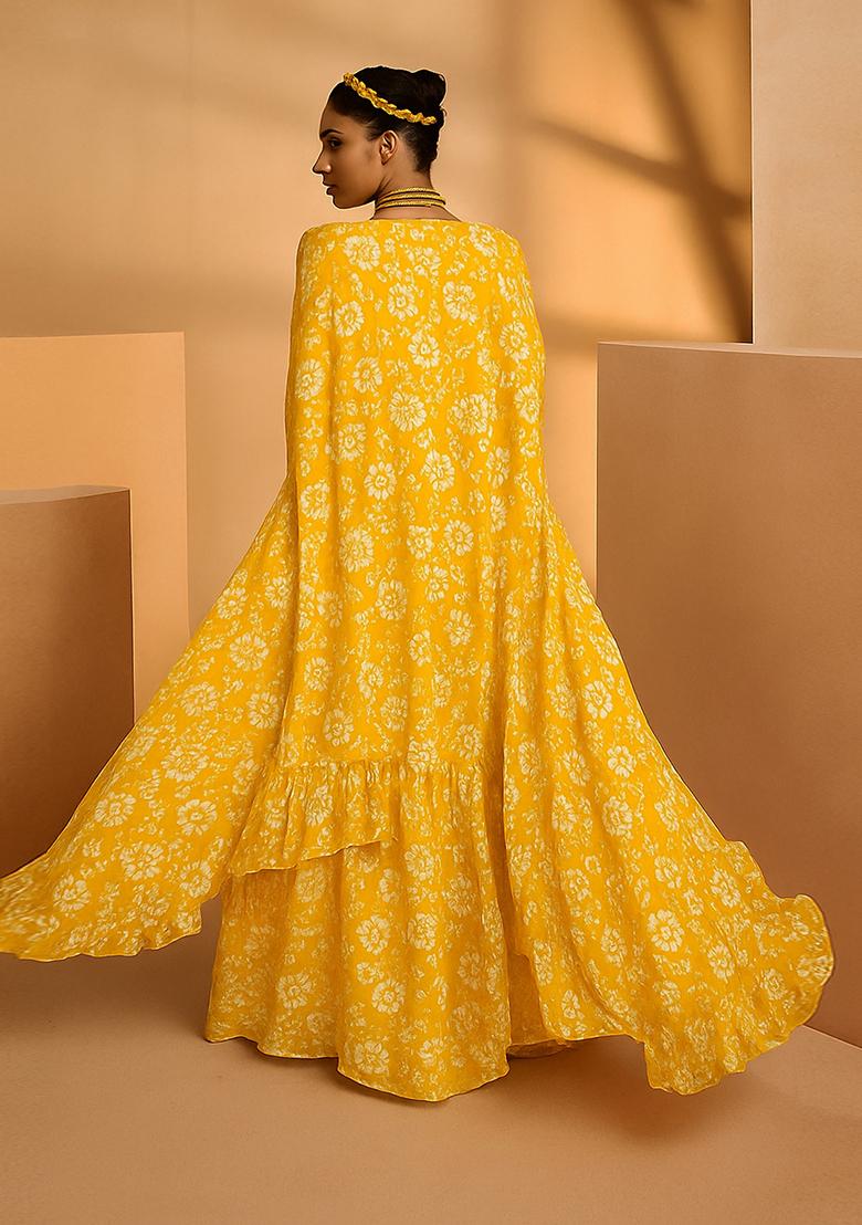 Yellow Printed Satin Georgette Lehenga Set - Indya
