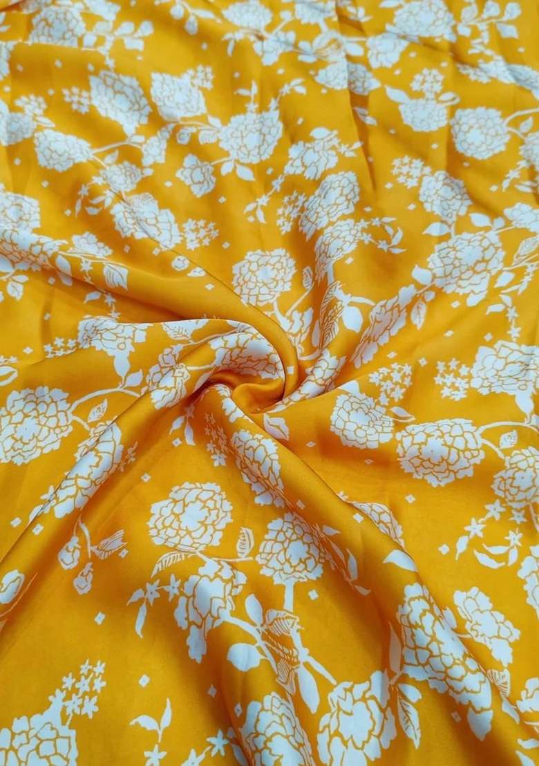 Yellow Printed Satin Georgette Lehenga Set - Indya