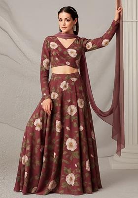 Brown Printed Satin Georgette Lehenga Set