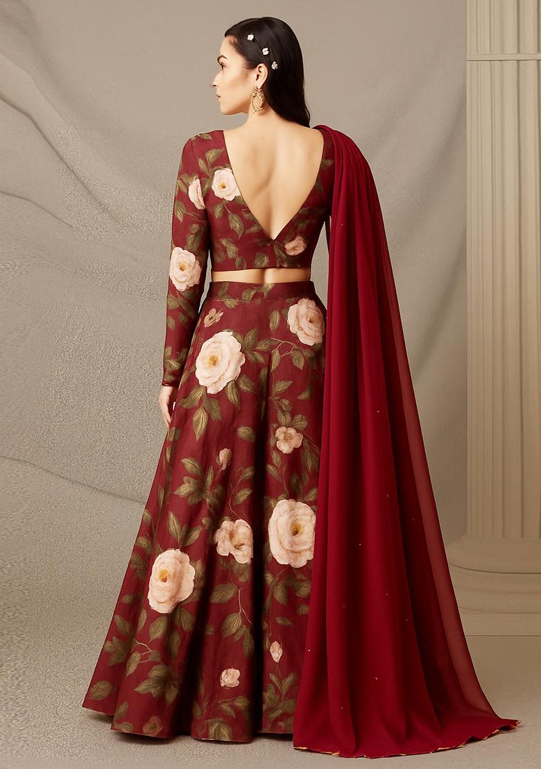 Brown Printed Satin Georgette Lehenga Set - Indya