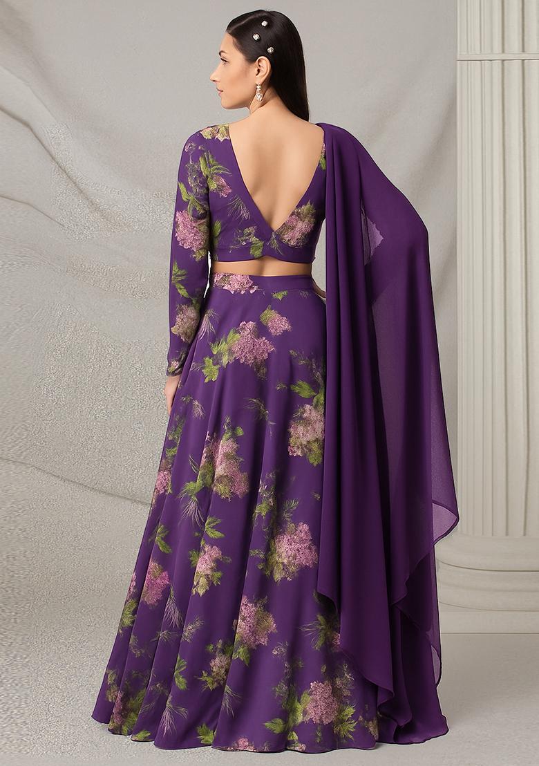 Purple Printed Satin Georgette Lehenga Set - Indya