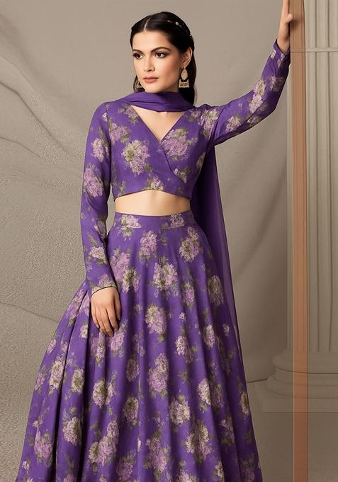 Purple Printed Satin Georgette Lehenga Set