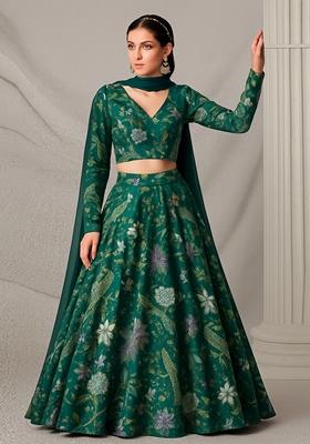 Forest Green Printed Satin Georgette Lehenga Set