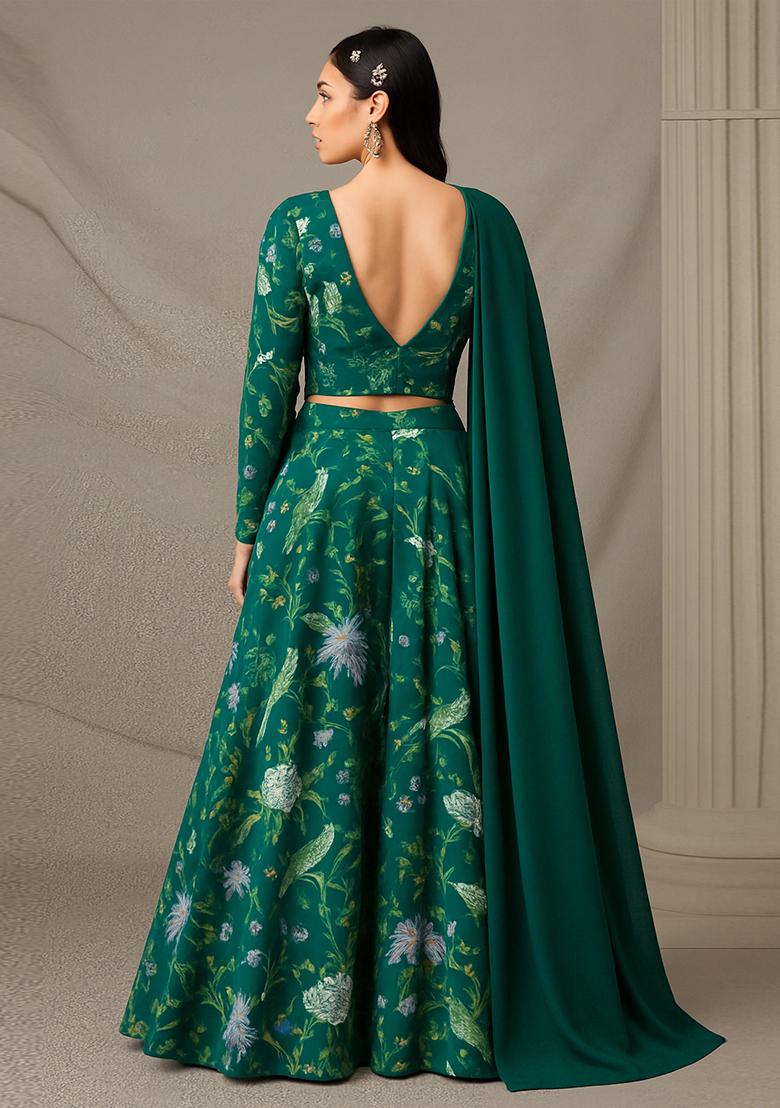 Forest Green Printed Satin Georgette Lehenga Set - Indya