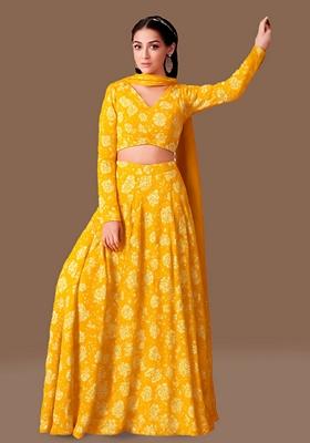 Yellow Printed Satin Georgette Lehenga Set