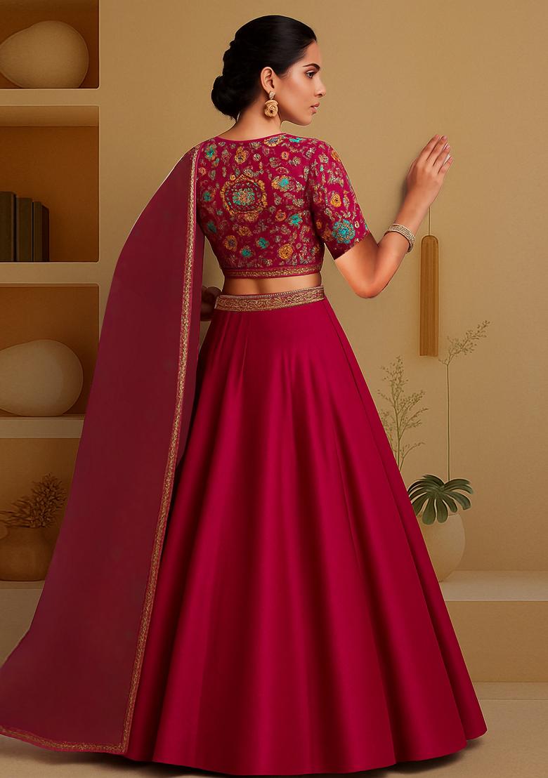 Red Embroidered Crepe Lehenga Set - Indya