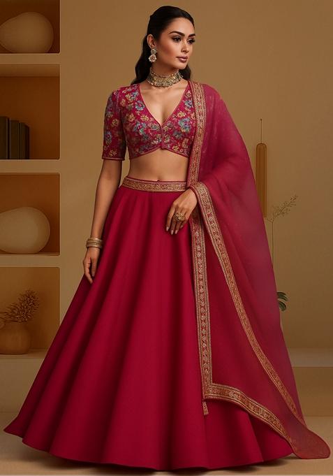Red Embroidered Crepe Lehenga Set