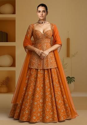 Orange Embroidered Chinon Lehenga Set