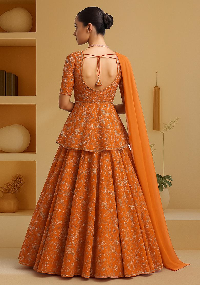 Orange Embroidered Chinon Lehenga Set - Indya