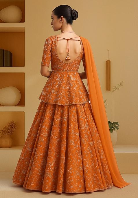 Orange Embroidered Chinon Lehenga Set