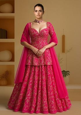 Pink Embroidered Chinon Lehenga Set