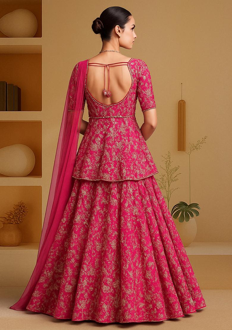 Pink Embroidered Chinon Lehenga Set - Indya