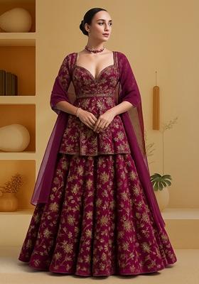 Maroon Embroidered Chinon Lehenga Set