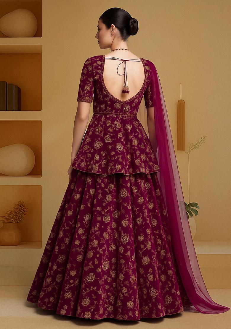 Maroon Embroidered Chinon Lehenga Set - Indya