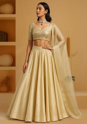 Beige Embellished Blouse Organza Lehenga Set