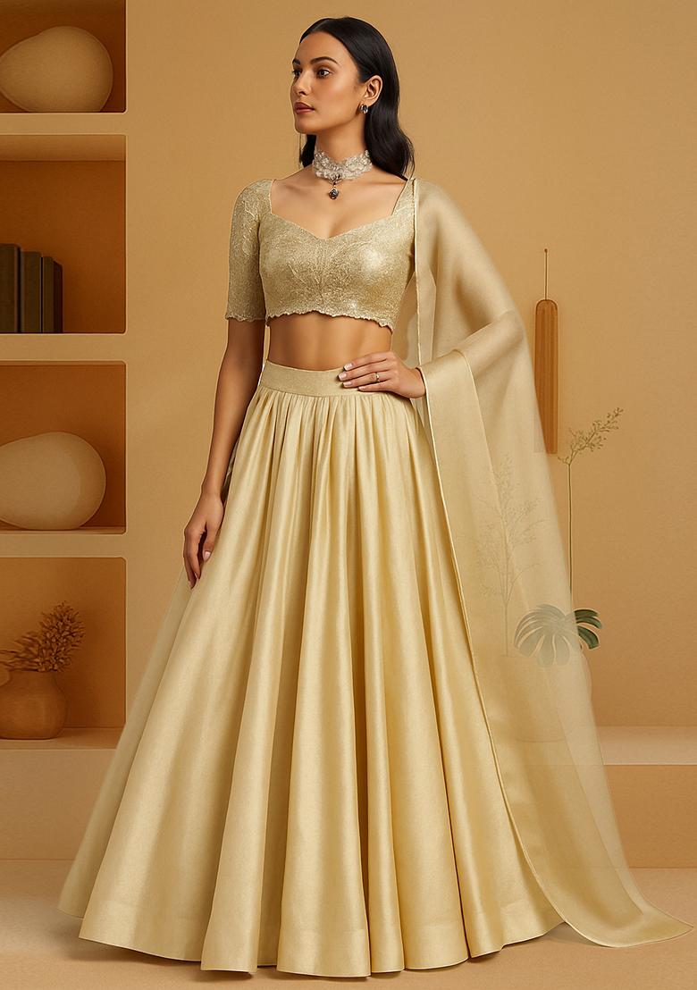 Beige Embellished Blouse Organza Lehenga Set