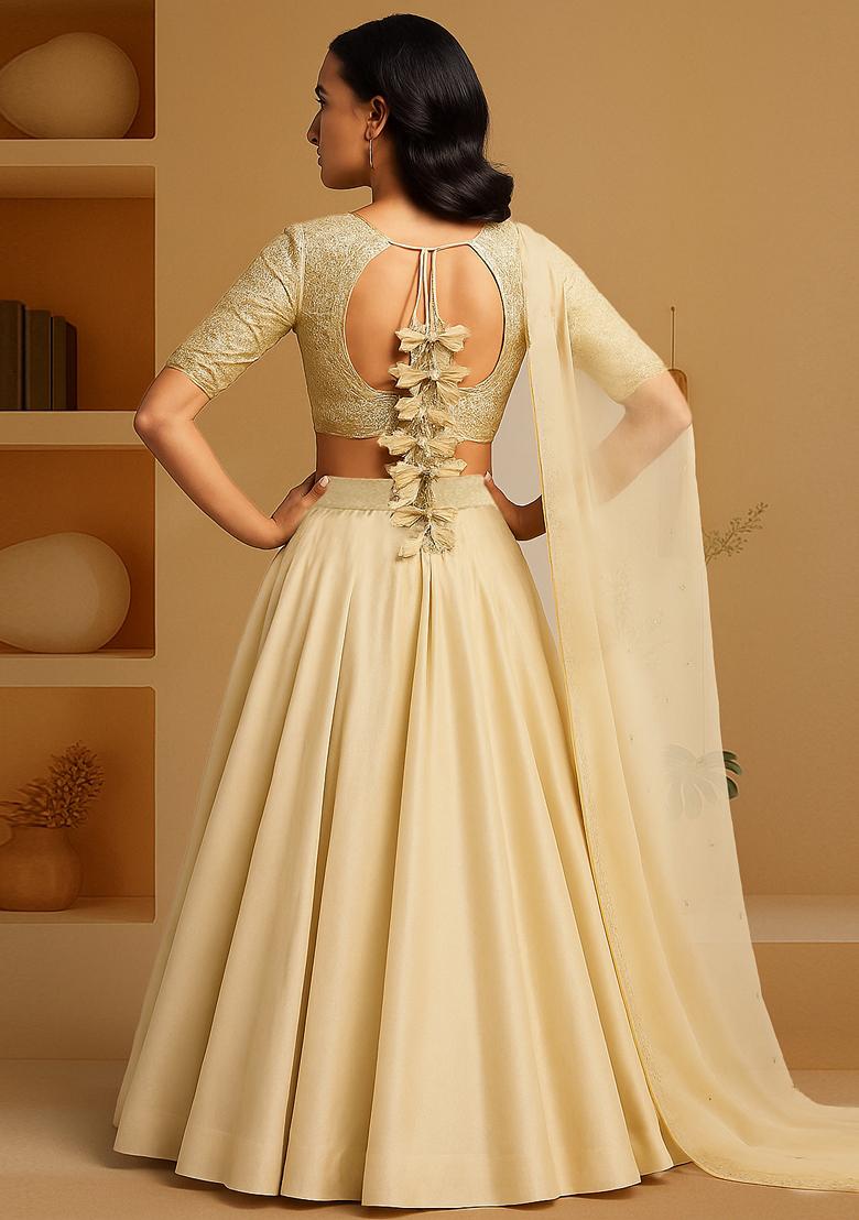 Beige Embellished Blouse Organza Lehenga Set - Indya