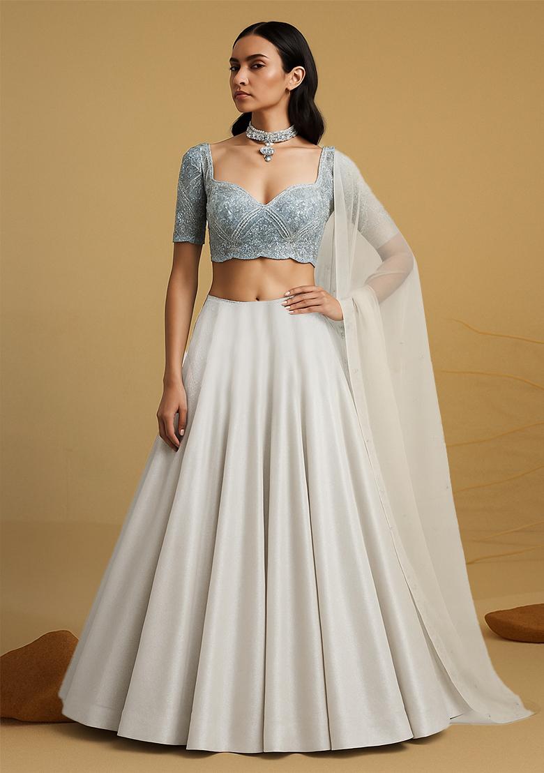 Off White Embellished Blouse Georgette Lehenga Set