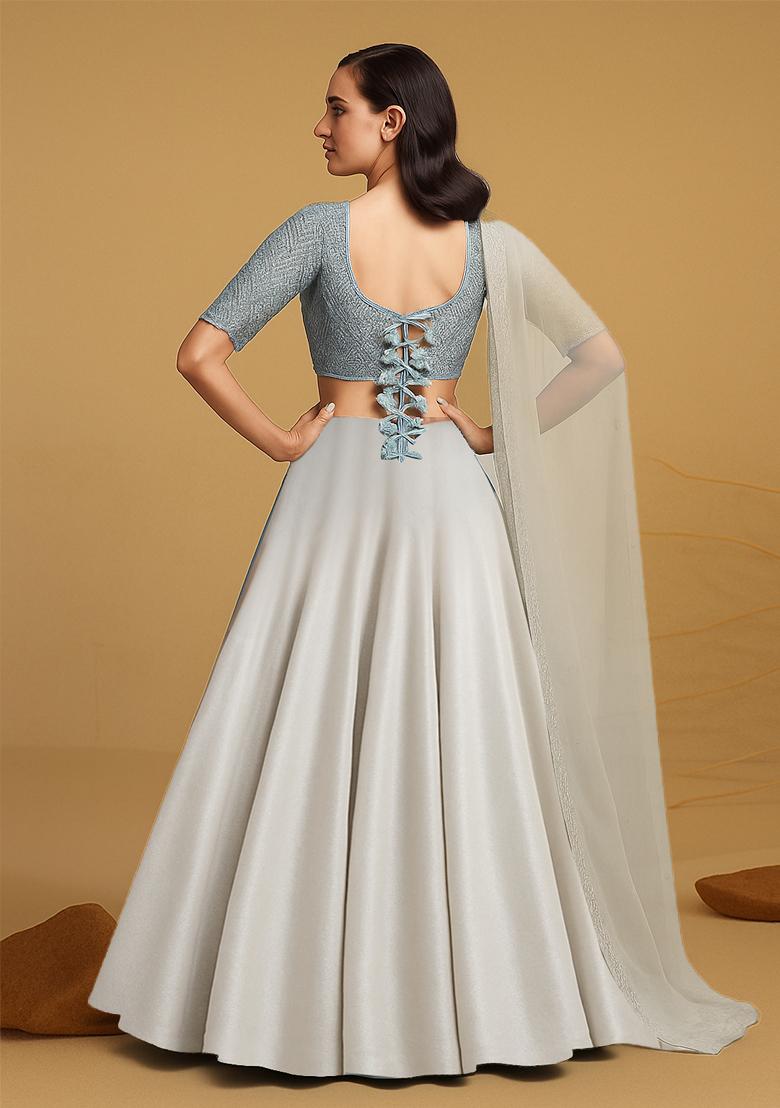 Off White Embellished Blouse Georgette Lehenga Set - Indya