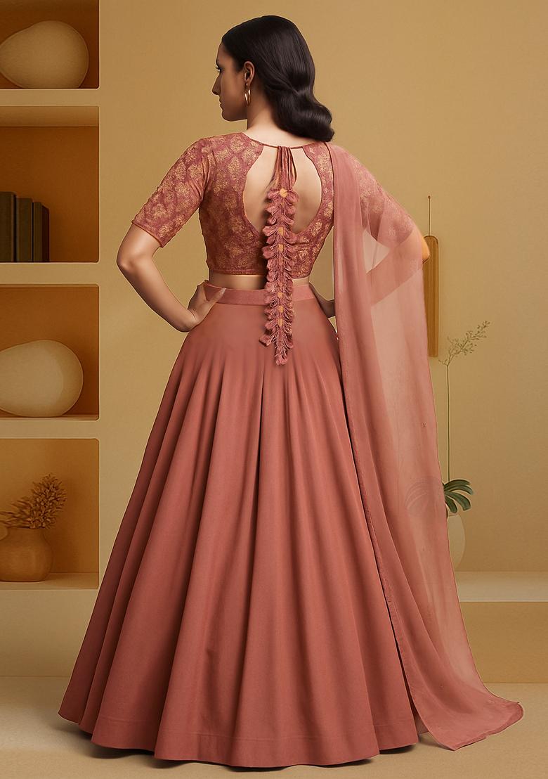 Dusty Peach Embellished Blouse Georgette Lehenga Set - Indya