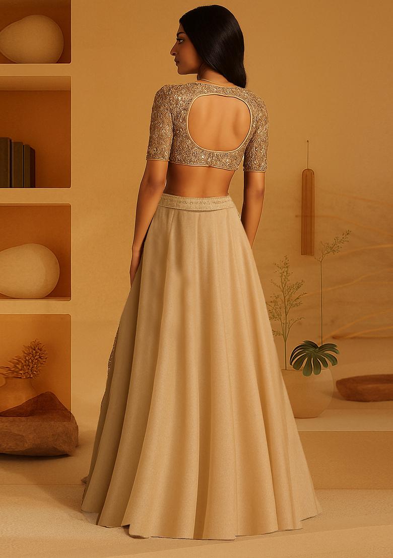 Beige Embellished Blouse Georgette Lehenga Set - Indya