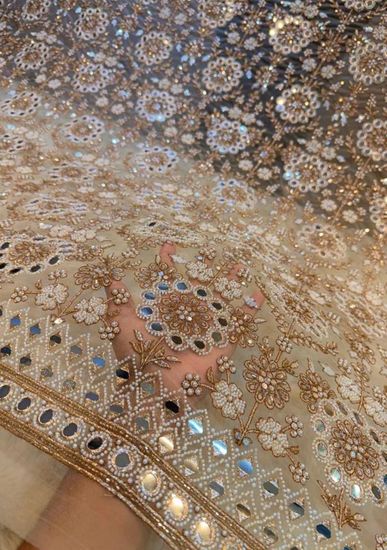 Beige Embellished Blouse Georgette Lehenga Set - Indya