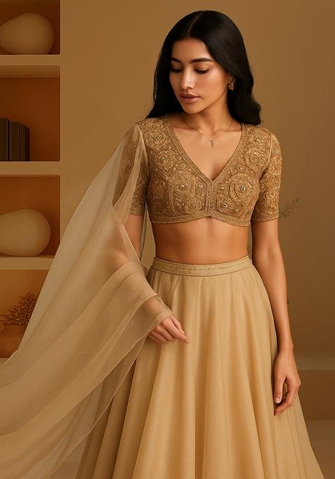 Beige Embellished Blouse Georgette Lehenga Set