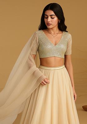 Beige Embellished Blouse Georgette Lehenga Set