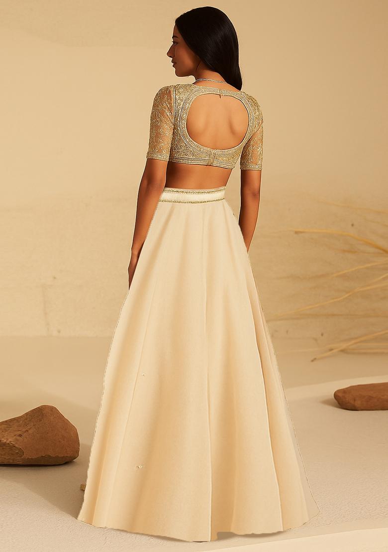 Beige Embellished Blouse Georgette Lehenga Set - Indya