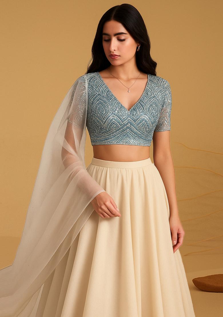 Biege Embellished Blouse Georgette Lehenga Set