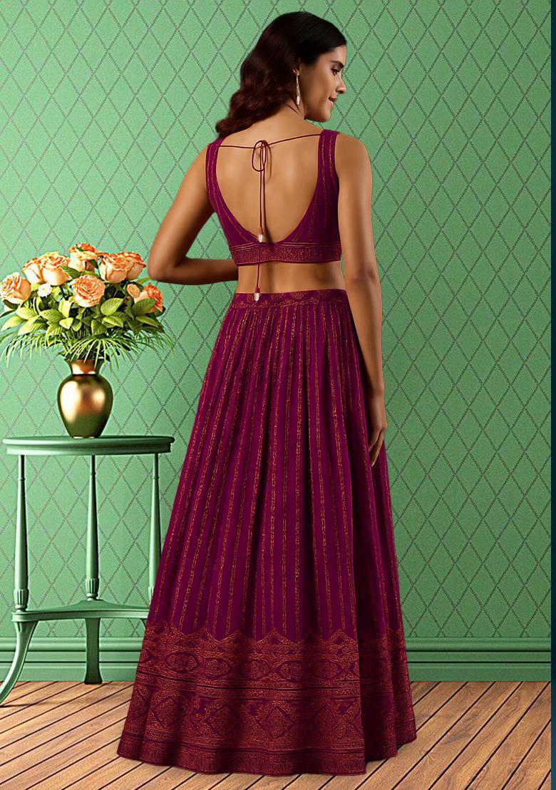 Magenta Pink Georgette Embroidered Lehenga Set - Indya