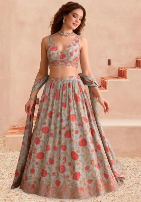 Pastel Grey Chiffon Printed Lehenga Set
