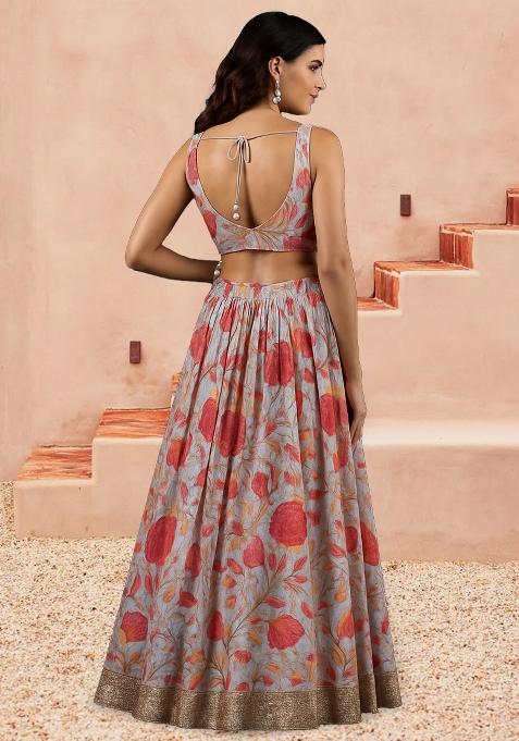 Pastel Grey Chiffon Printed Lehenga Set