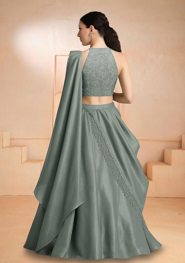 Dusty Teal Grey Chinon Embroidered Lehenga Set - Indya