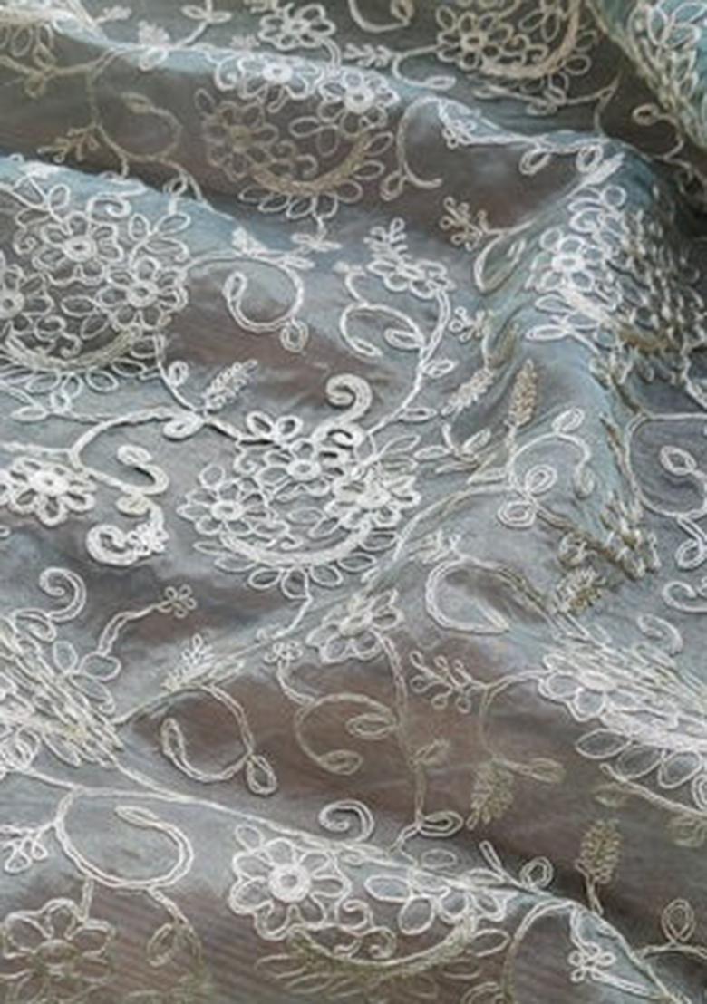 Dusty Teal Grey Chinon Embroidered Lehenga Set - Indya