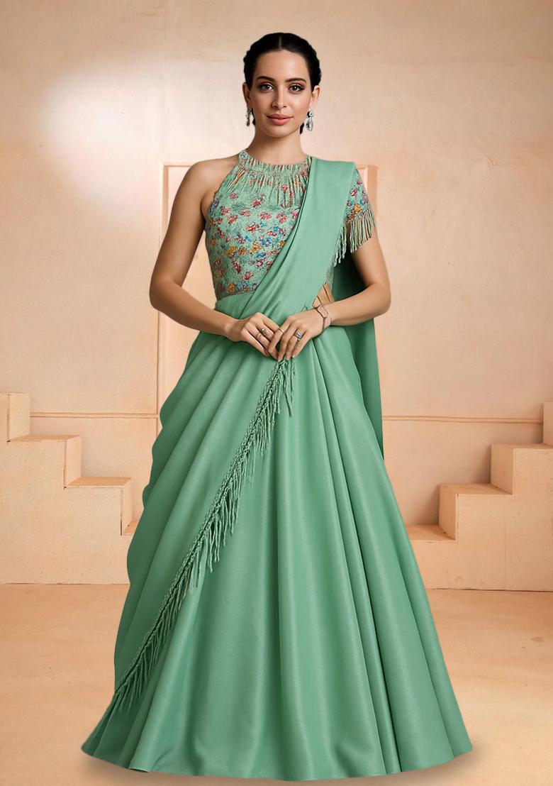 Mint Green Chinon Embroidered Lehenga Set