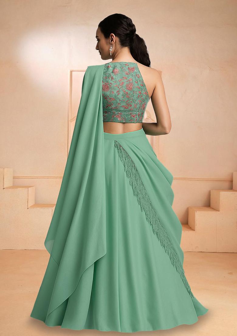 Mint Green Chinon Embroidered Lehenga Set - Indya