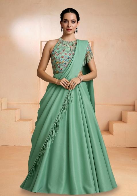 Mint Green Chinon Embroidered Lehenga Set