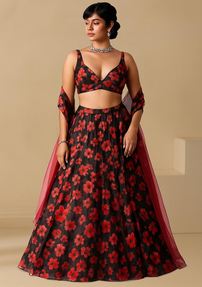 Black Georgette Printed Lehenga Set