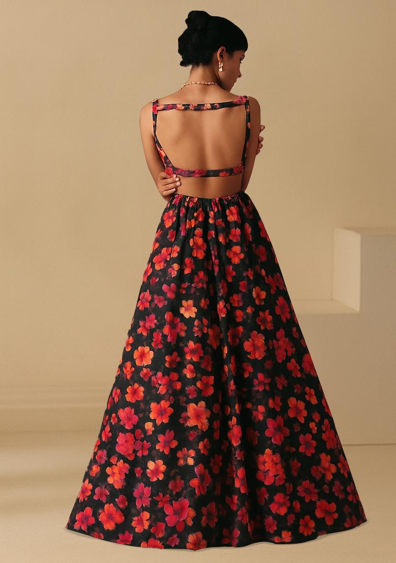 Black Georgette Printed Lehenga Set - Indya