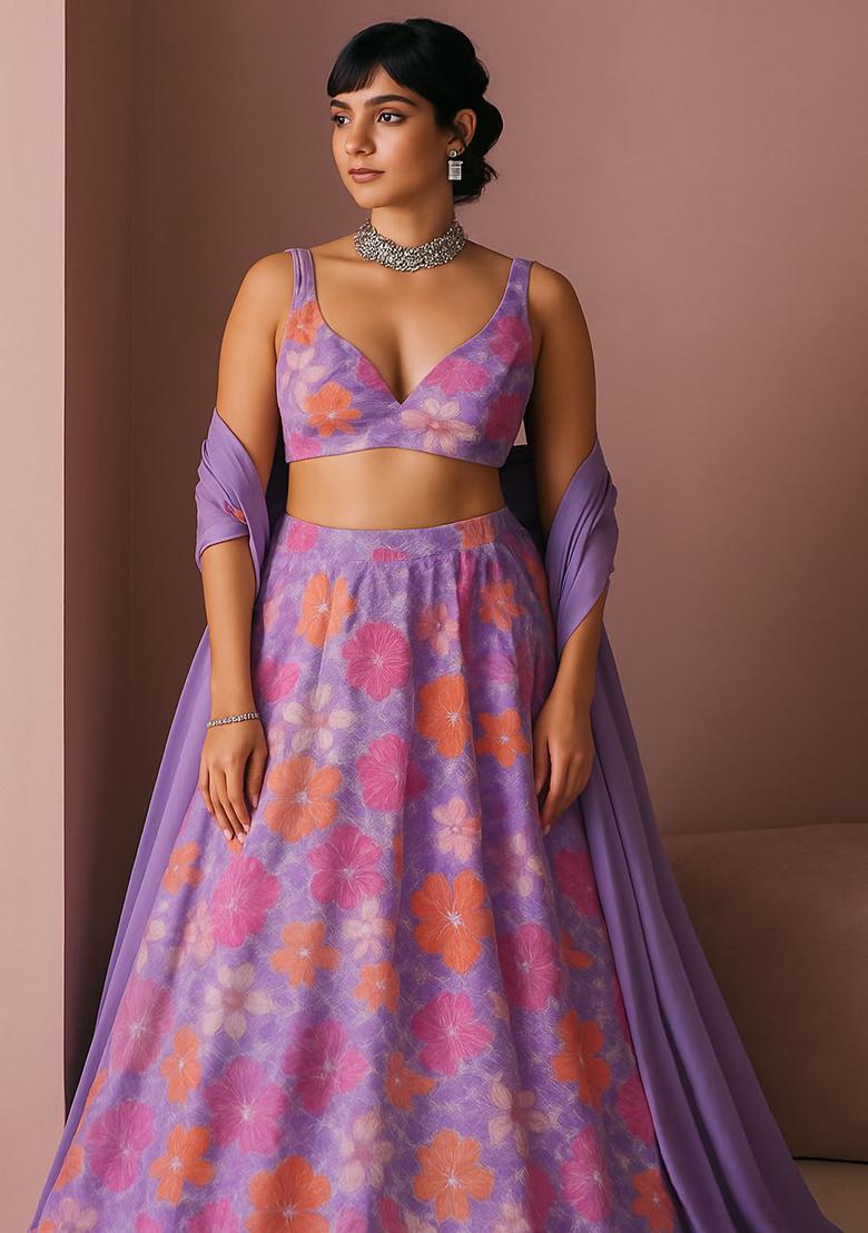 Lilac Georgette Printed Lehenga Set