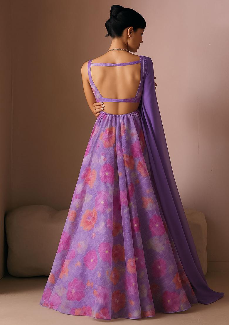 Lilac Georgette Printed Lehenga Set - Indya