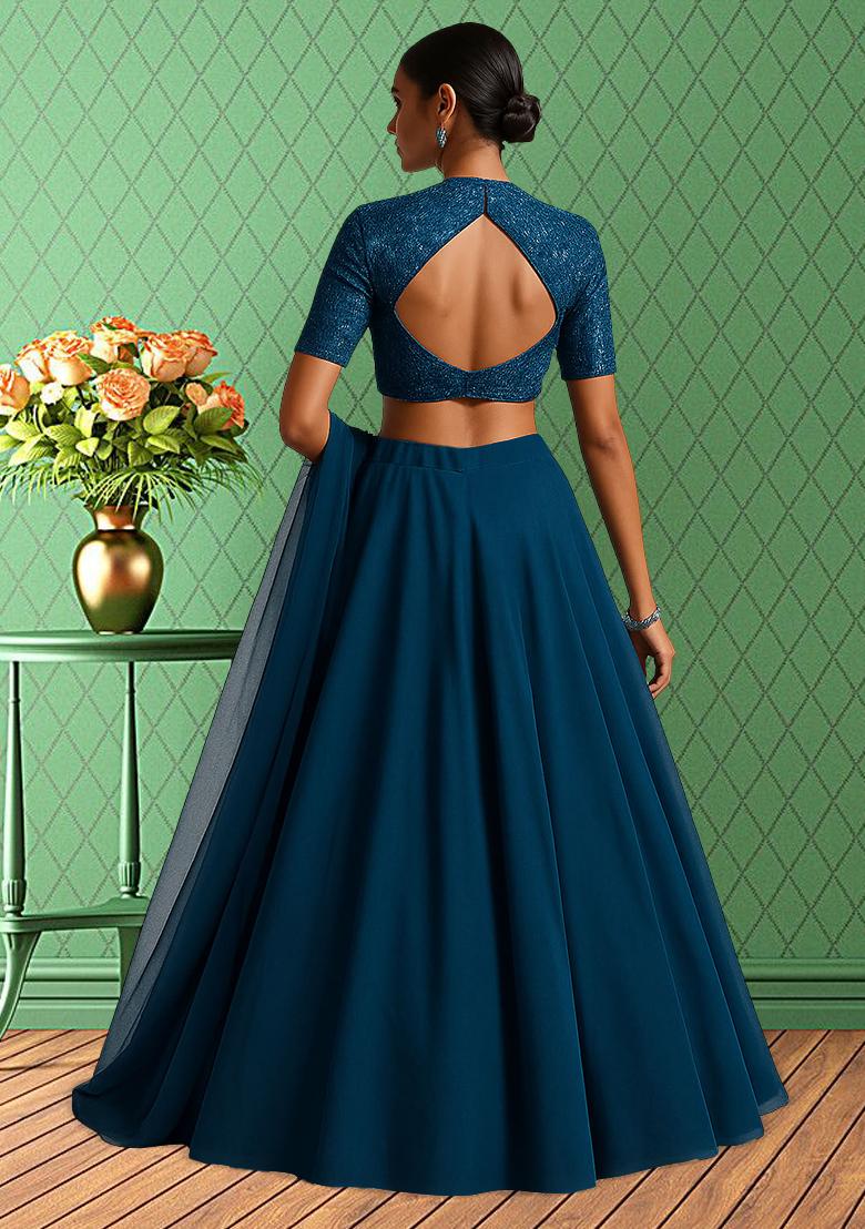 Blue Georgette Sequins Embellished Lehenga Set - Indya
