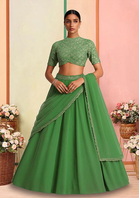 Green Georgette Sequins Embellished Lehenga Set